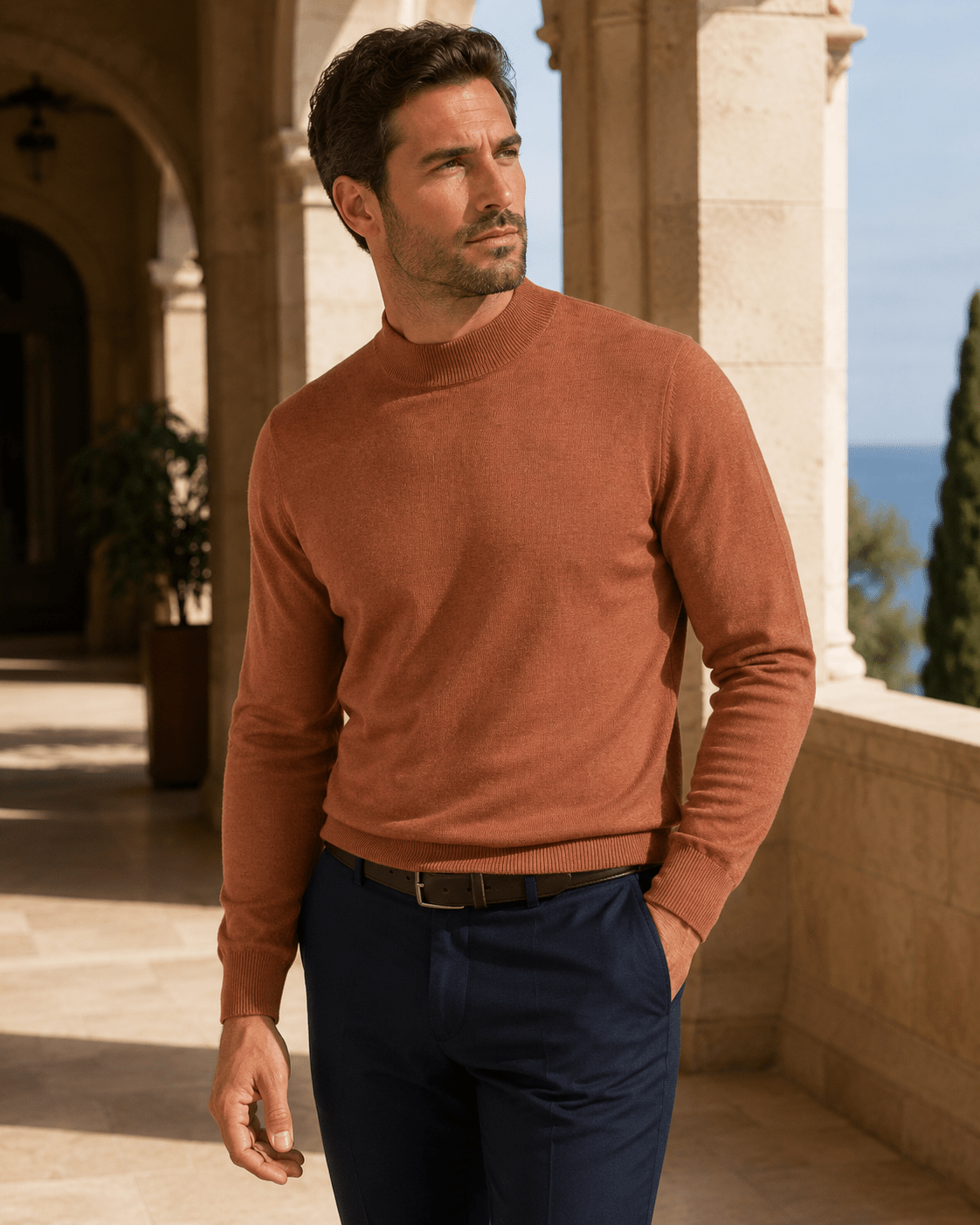 Cotton-Blend Mock Neck Sweater - F/X Fusion - Mock Neck Sweater - #color_Scotch Heather