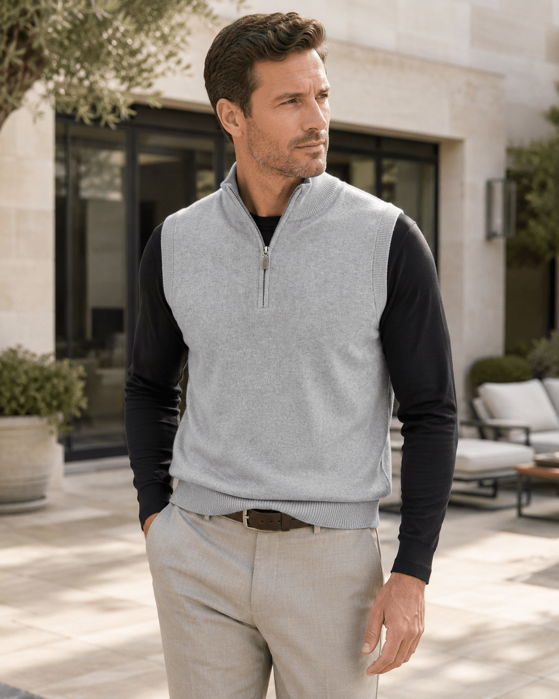 Cotton-Blend Quarter-Zip Vest - F/X Fusion - Quarter-Zip Vest - #color_Silver Heather