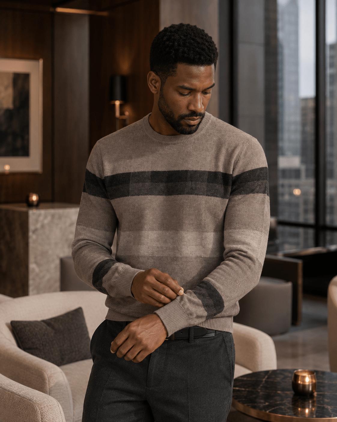 Textured Patterned Crewneck Sweater - F/X Fusion - Crewneck Sweater - #color_Taupe