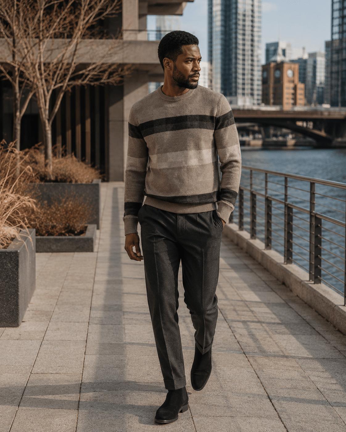Textured Patterned Crewneck Sweater - F/X Fusion - Crewneck Sweater - #color_Taupe